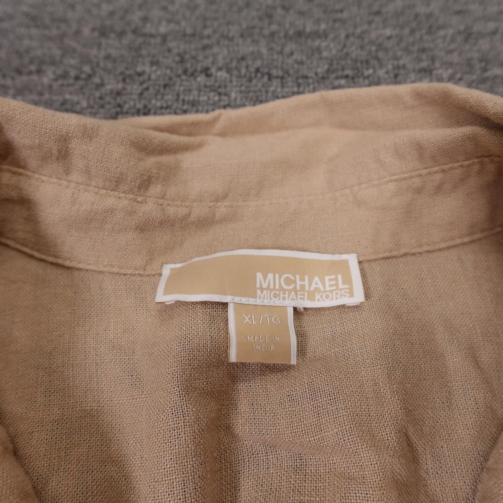 MICHAEL Michael Kors Button Up Shirt Womens XL Beige Linen Collared Long Sleeve - Thumbnail 3
