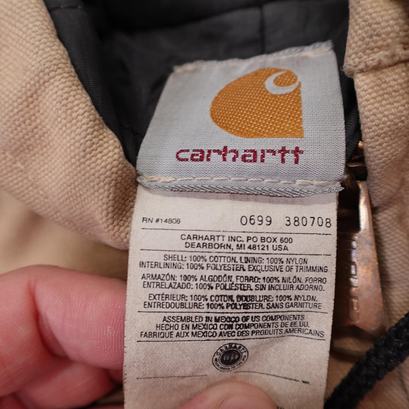 Vintage Carhartt Jacket Mens XL Beige Hooded Duck Canvas Workwear J06WET 90s - Thumbnail 6