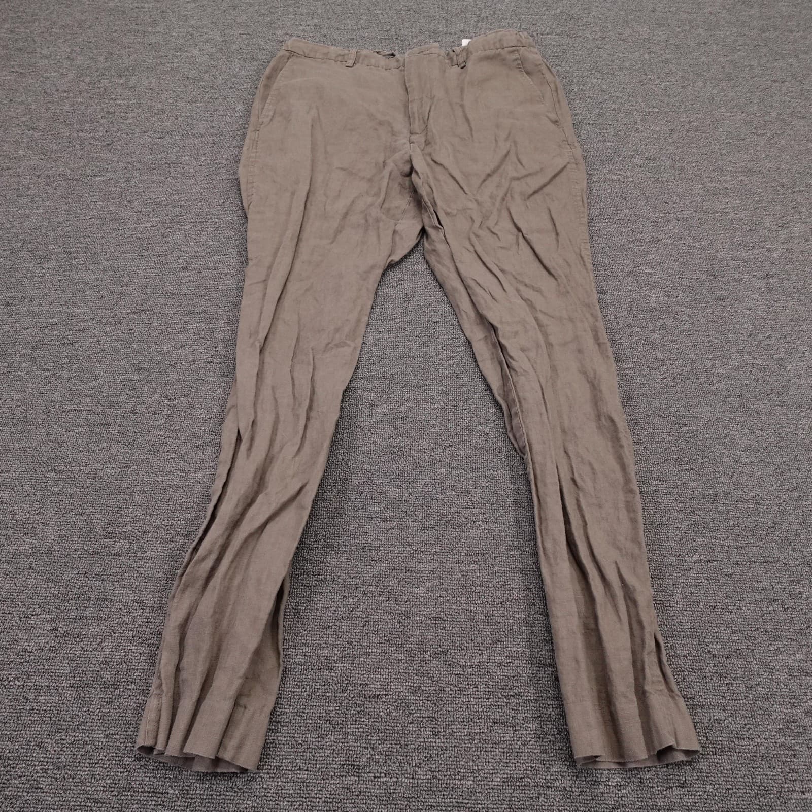 Zara Pants Mens 33x30 Brown Linen Slim Fit Chino Elastic Waist Summer Casual