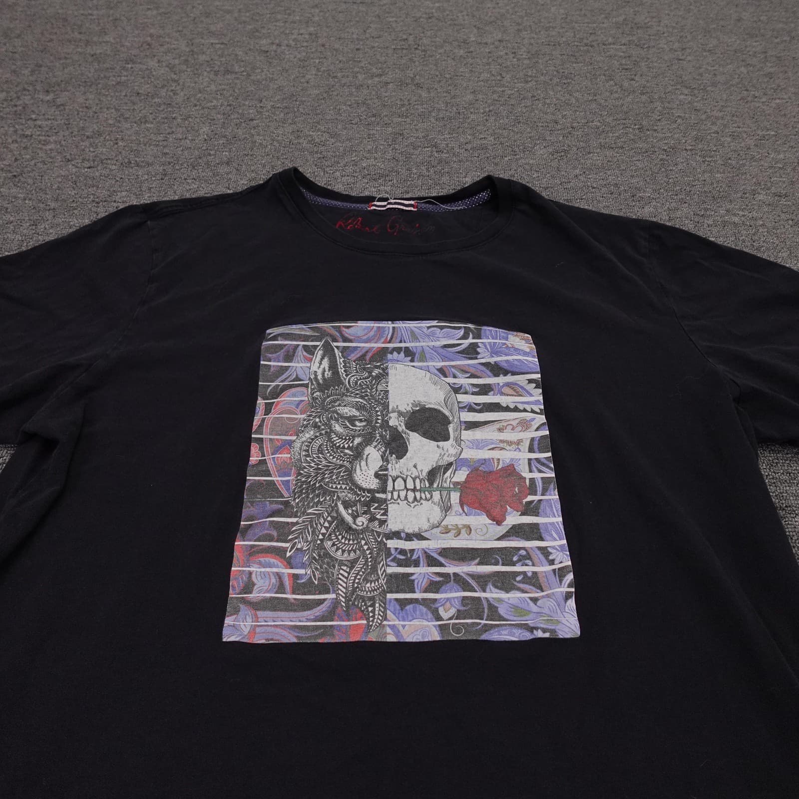 Robert Graham Skull Wolf Graphic Shirt Large Black Gothic Rose Art Tee - Thumbnail 2