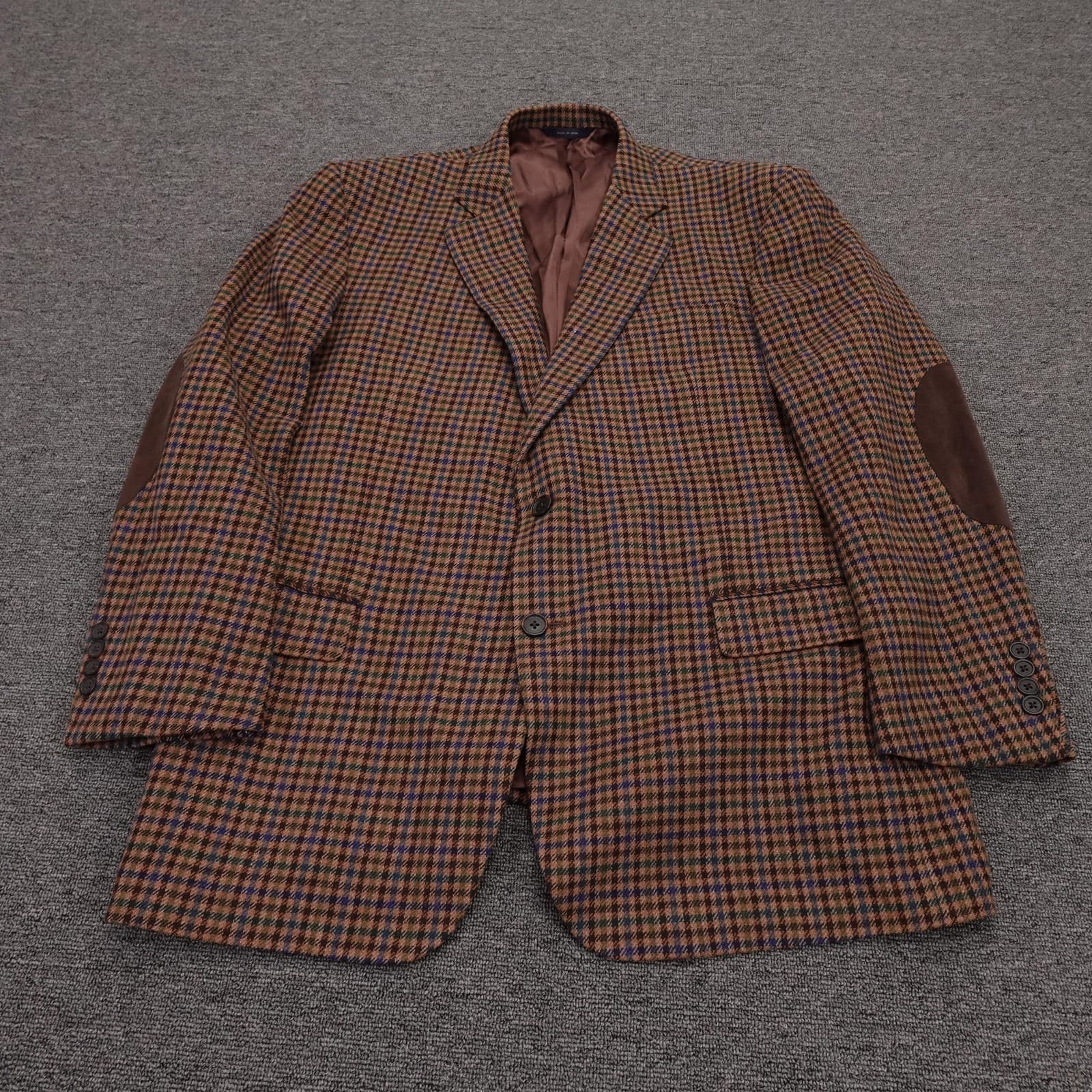 Brooks Brothers 1818 Madison Blazer Mens 45R XL Brown Plaid Wool Elbow Patches