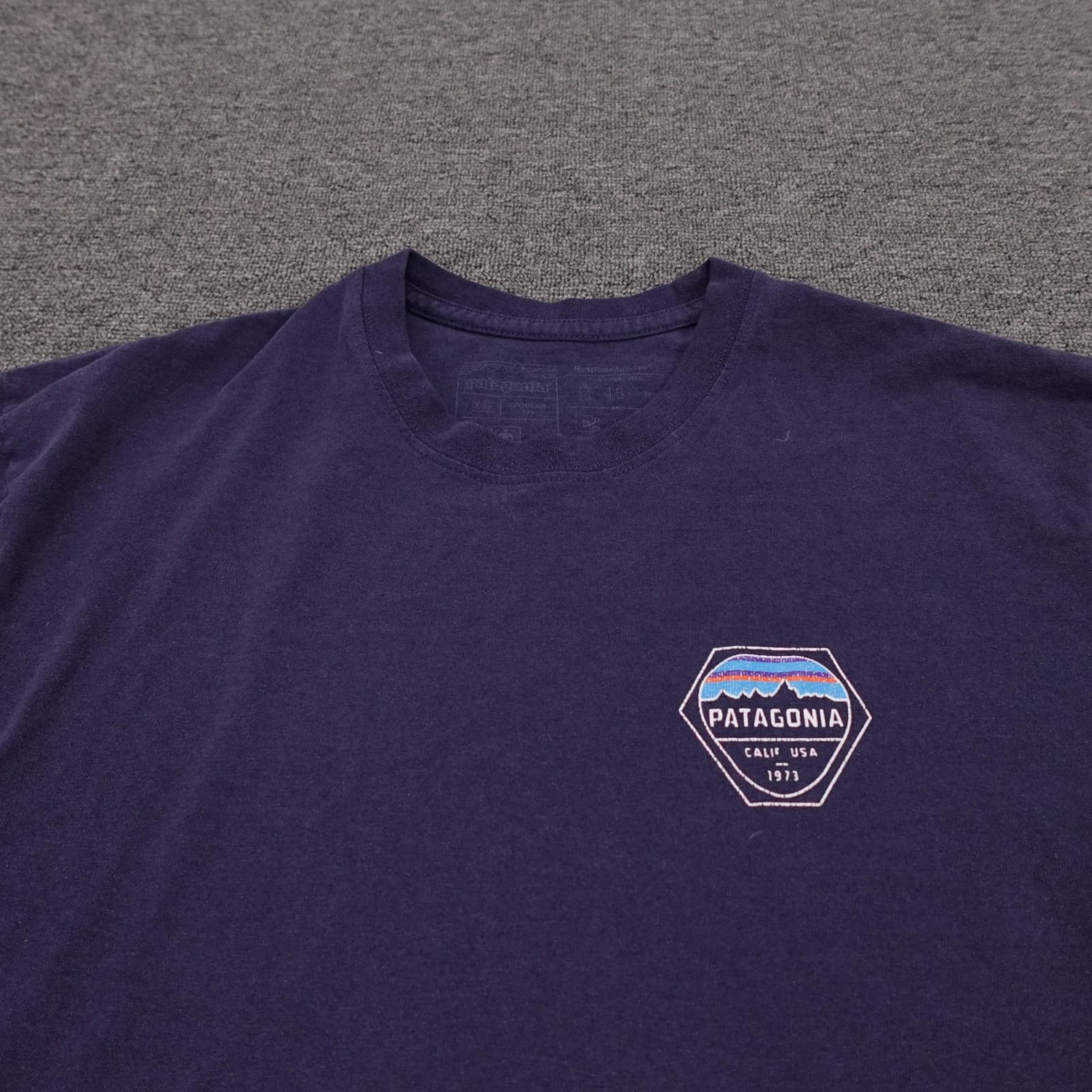 Patagonia Shirt Mens Medium Blue Calif USA 1973 Back Logo Graphic Tee Tagless - Thumbnail 2