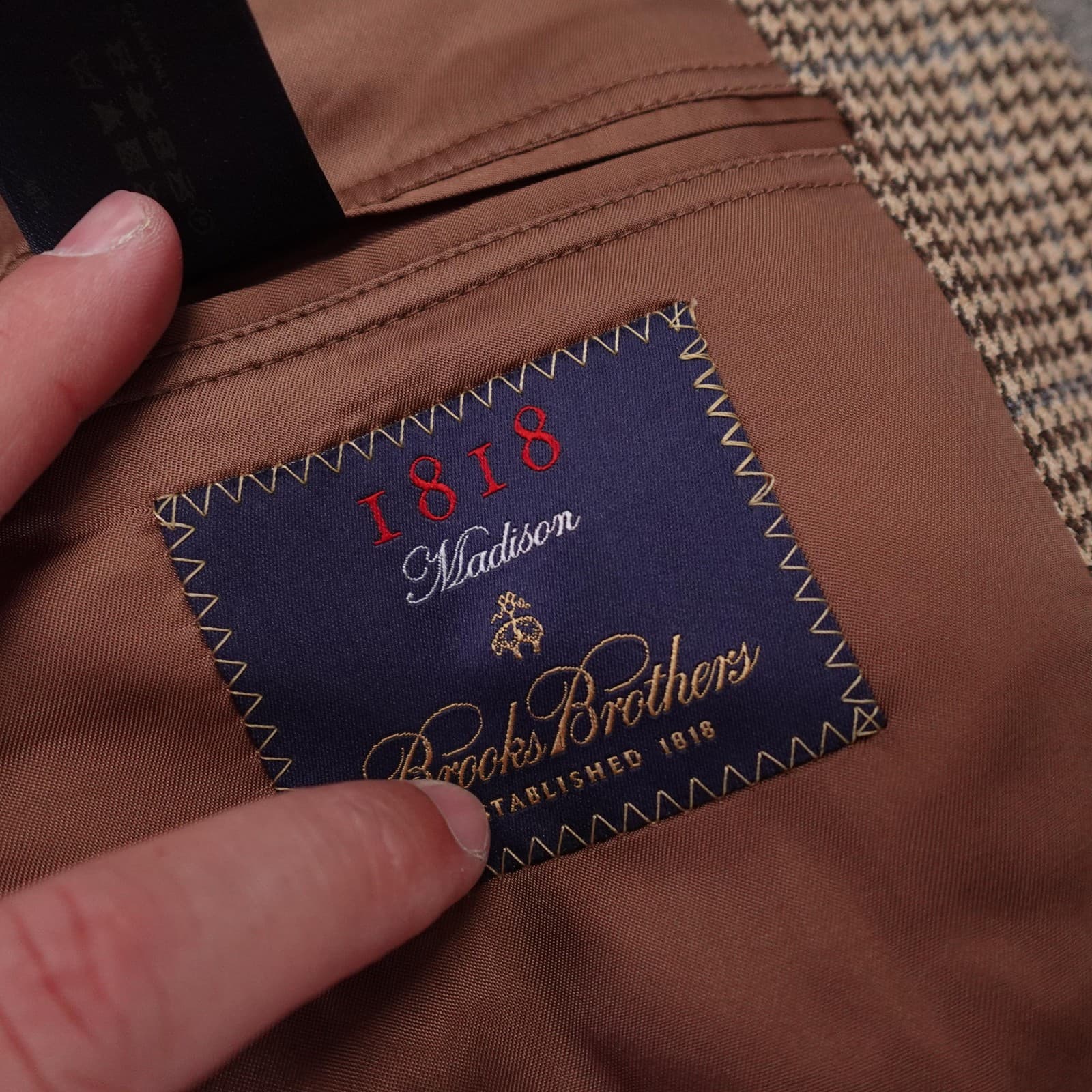 Brooks Brothers 1818 Madison Blazer Mens 44R Brown Houndstooth Wool Cashmere - Thumbnail 4