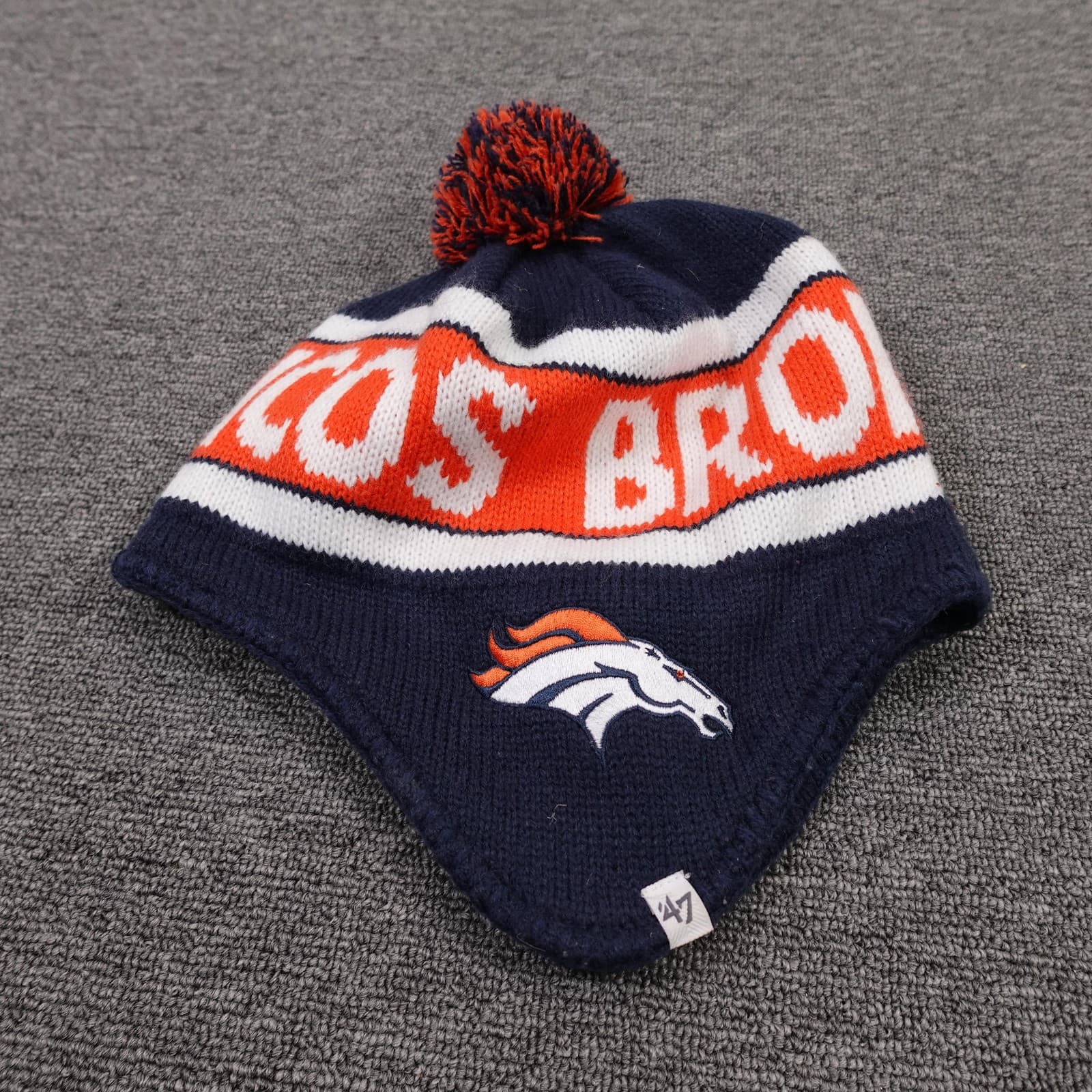 Denver Broncos Hat Beanie Mens One Size Blue NFL Football Earflap Pom Knit '47