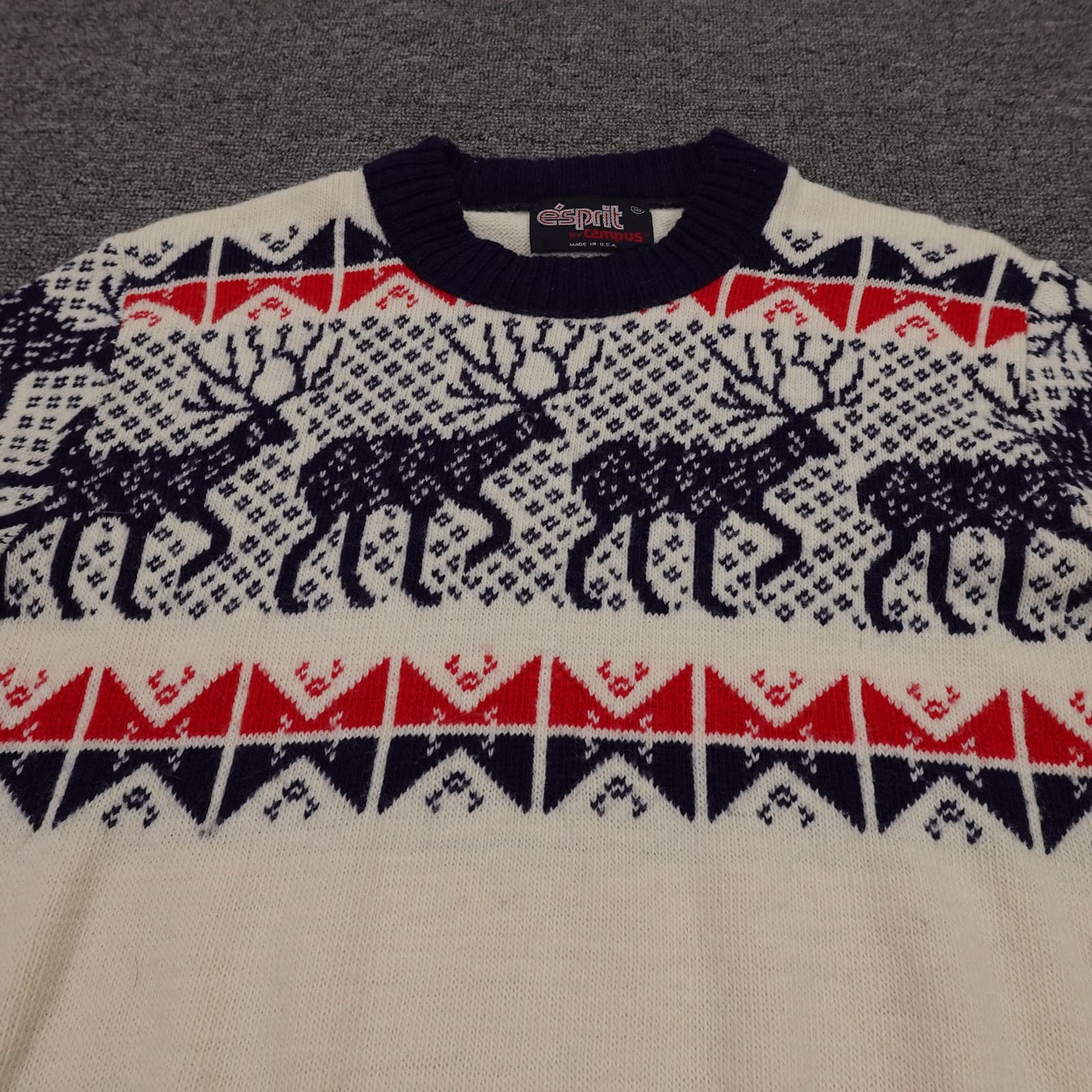 Vintage Esprit By Campus Sweater Youth 16 White Fair Isle Reindeer USA 70s - Thumbnail 2