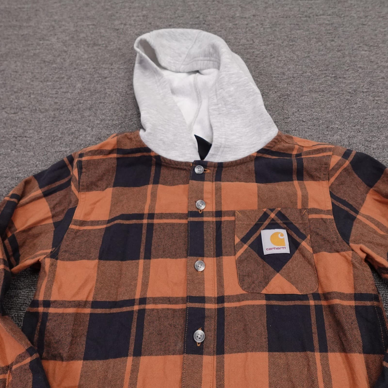 Carhartt Shirt Youth Medium 10-12 Orange Plaid Hooded Flannel Long Sleeve - Thumbnail 2