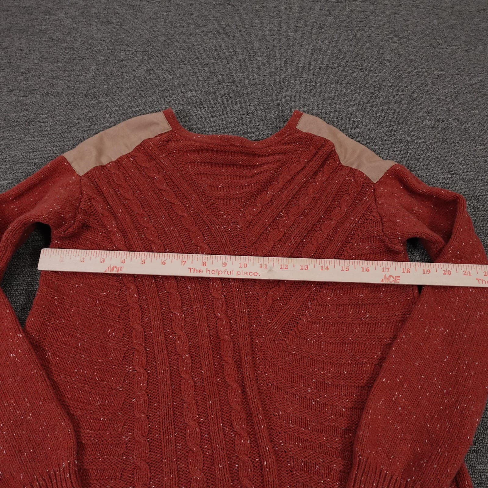 Hinge Sweater Womens Medium Red Cable Knit Faux Suede Shoulder Pullover - Thumbnail 3