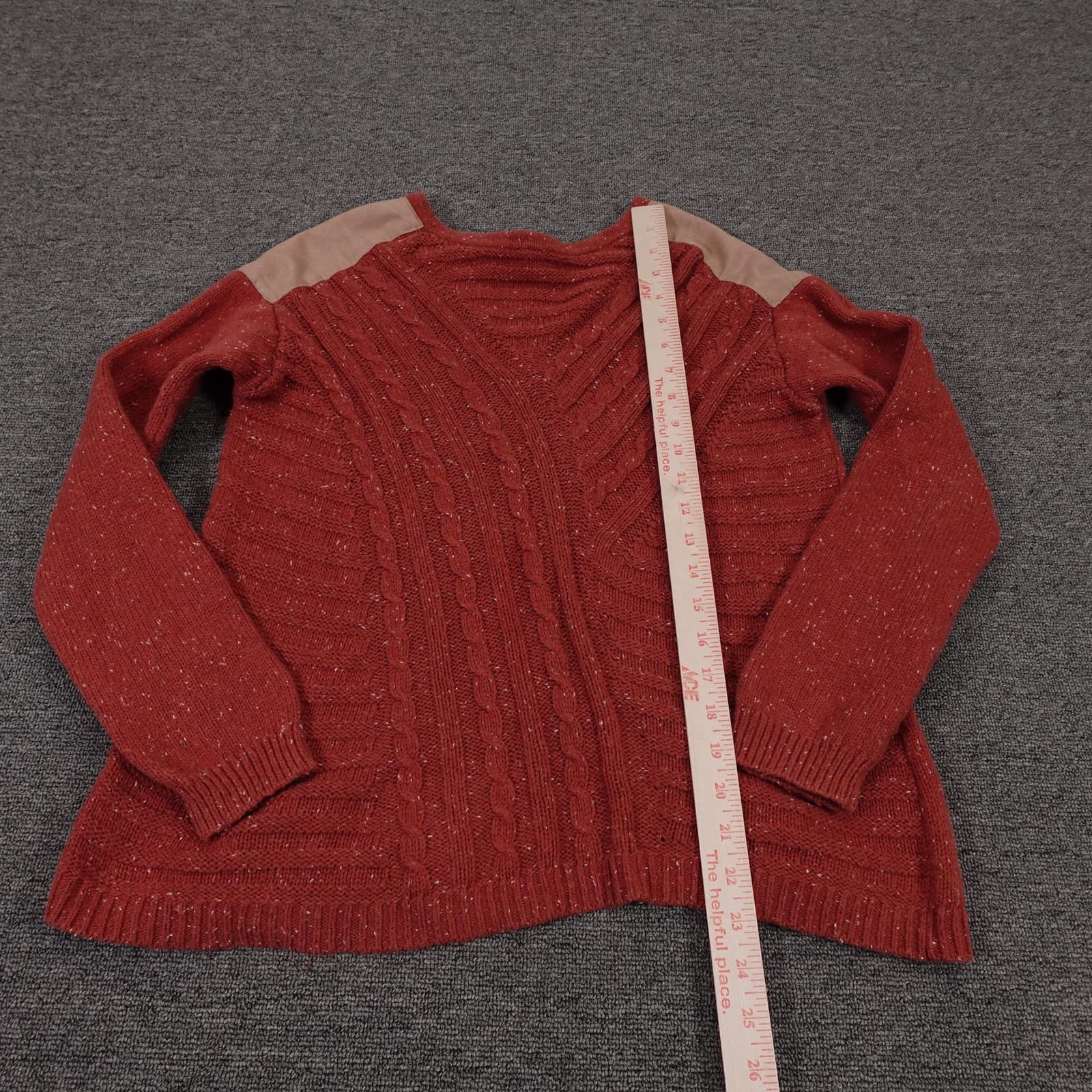 Hinge Sweater Womens Medium Red Cable Knit Faux Suede Shoulder Pullover - Thumbnail 4