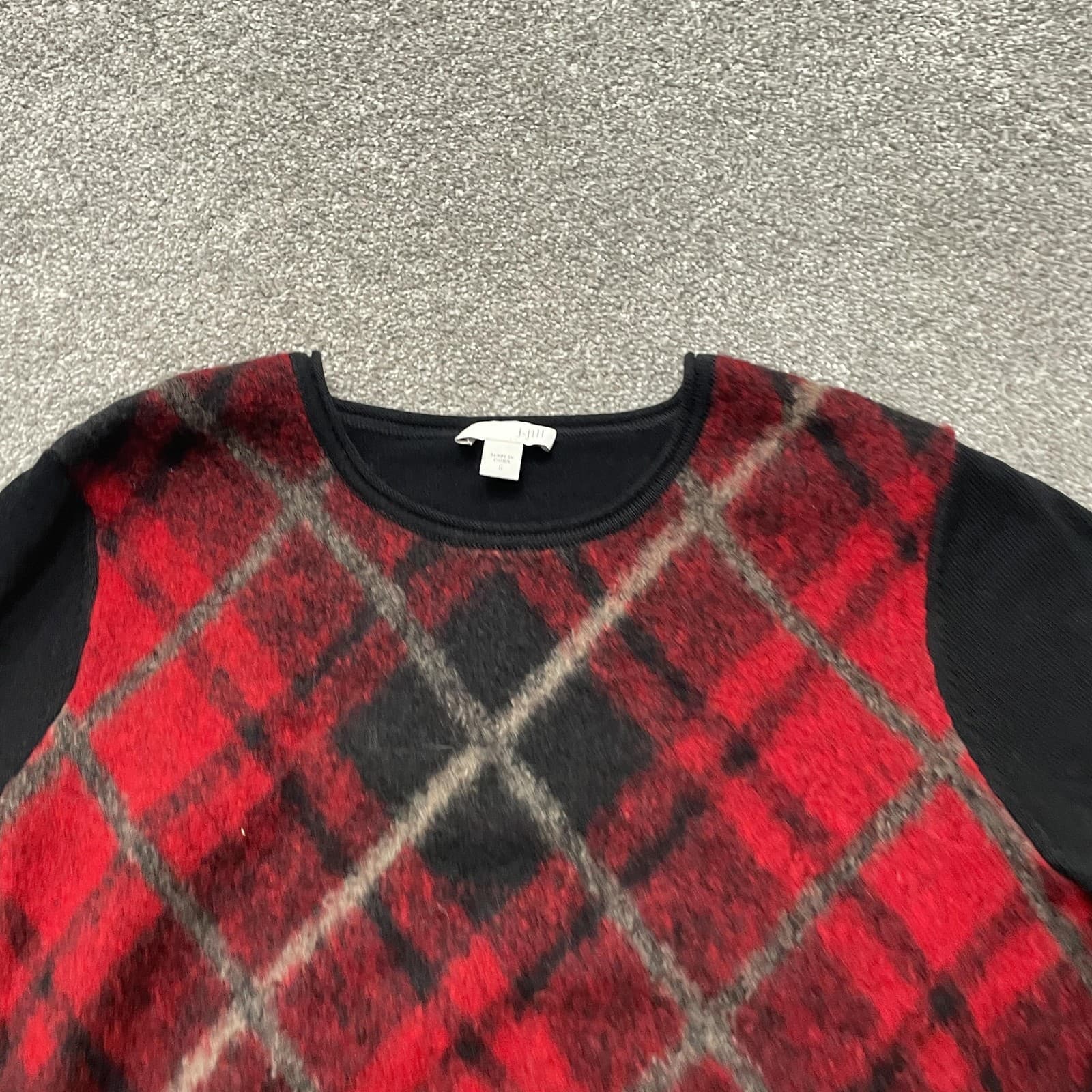 J. Jill Sweater Womens Small Red Black Argyle Wool Blend Front Long Sleeve Knit - Thumbnail 2