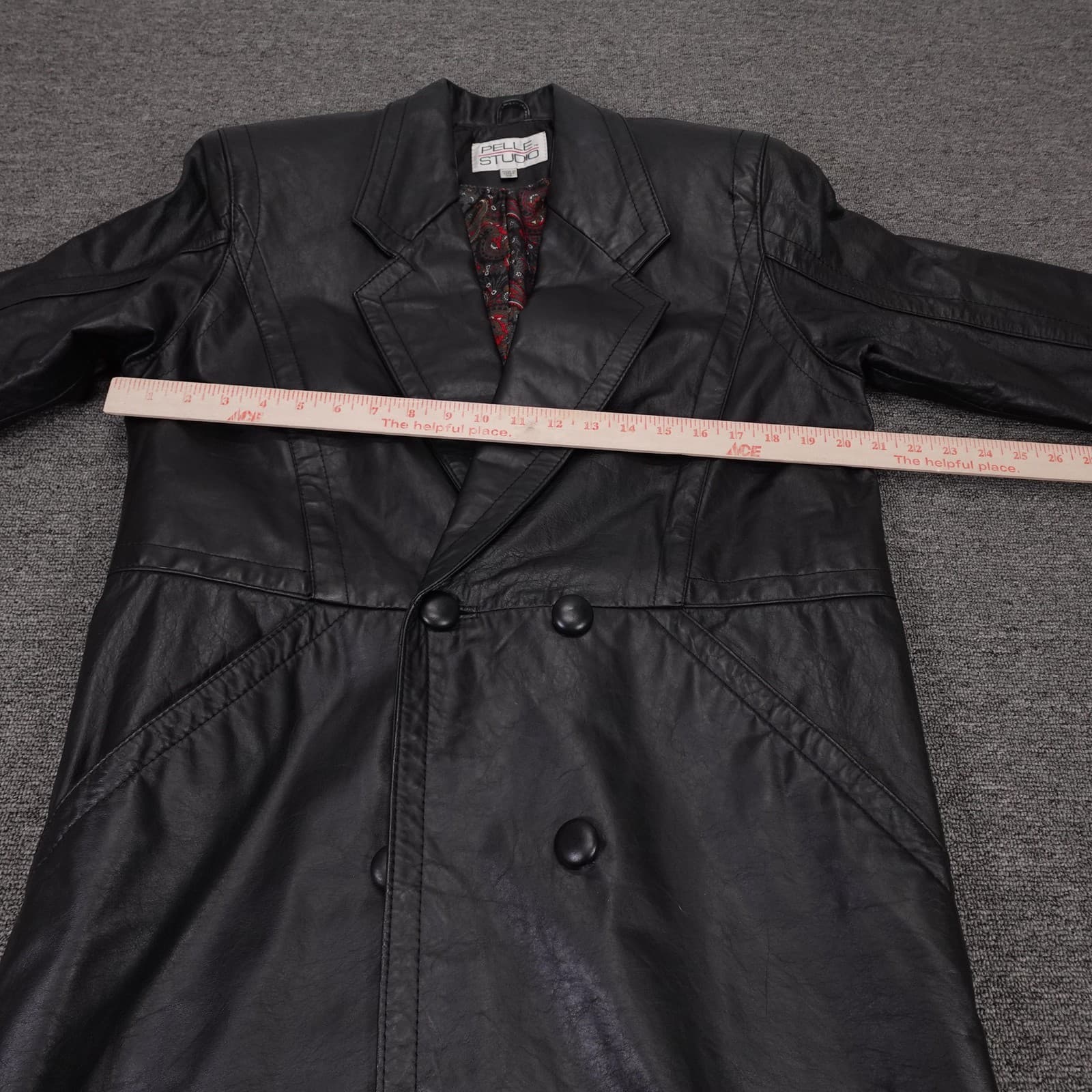 Vintage Pelle Studio Coat Womens XS Black Leather Long Trench Paisley 80s 90s - Thumbnail 4