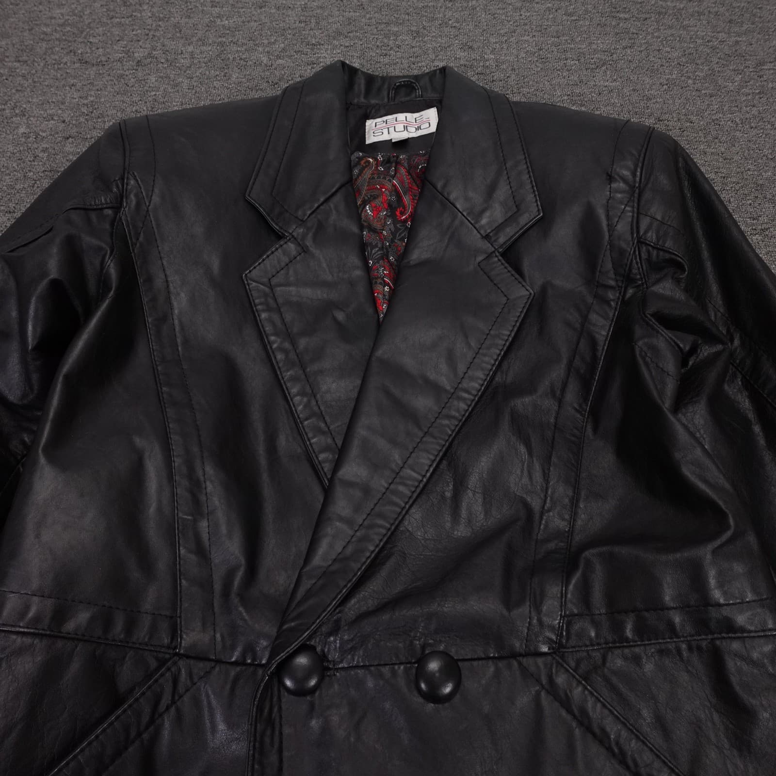 Vintage Pelle Studio Coat Womens XS Black Leather Long Trench Paisley 80s 90s - Thumbnail 2
