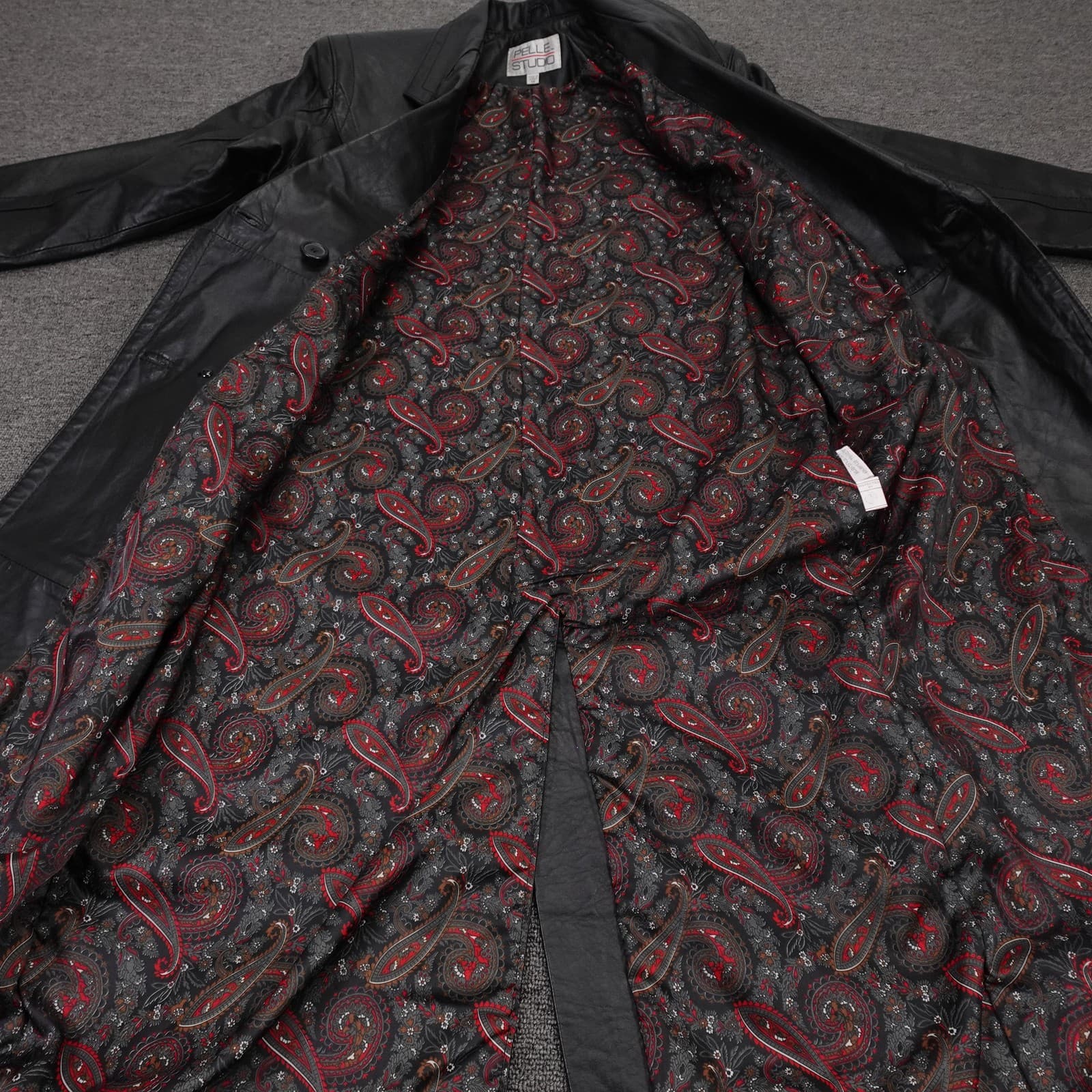 Vintage Pelle Studio Coat Womens XS Black Leather Long Trench Paisley 80s 90s - Thumbnail 7
