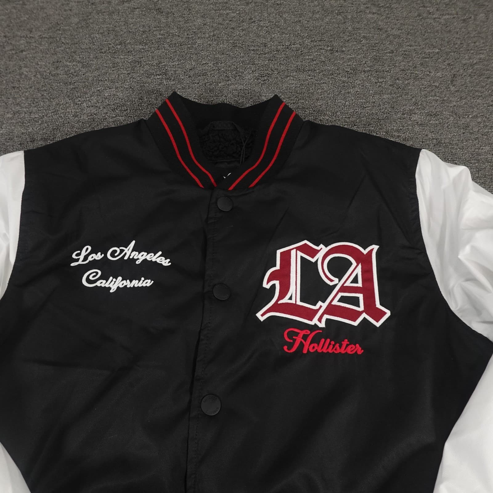 Hollister Varsity Jacket Small Black White Bomber LA Sherpa Lined Rose Patch - Thumbnail 2