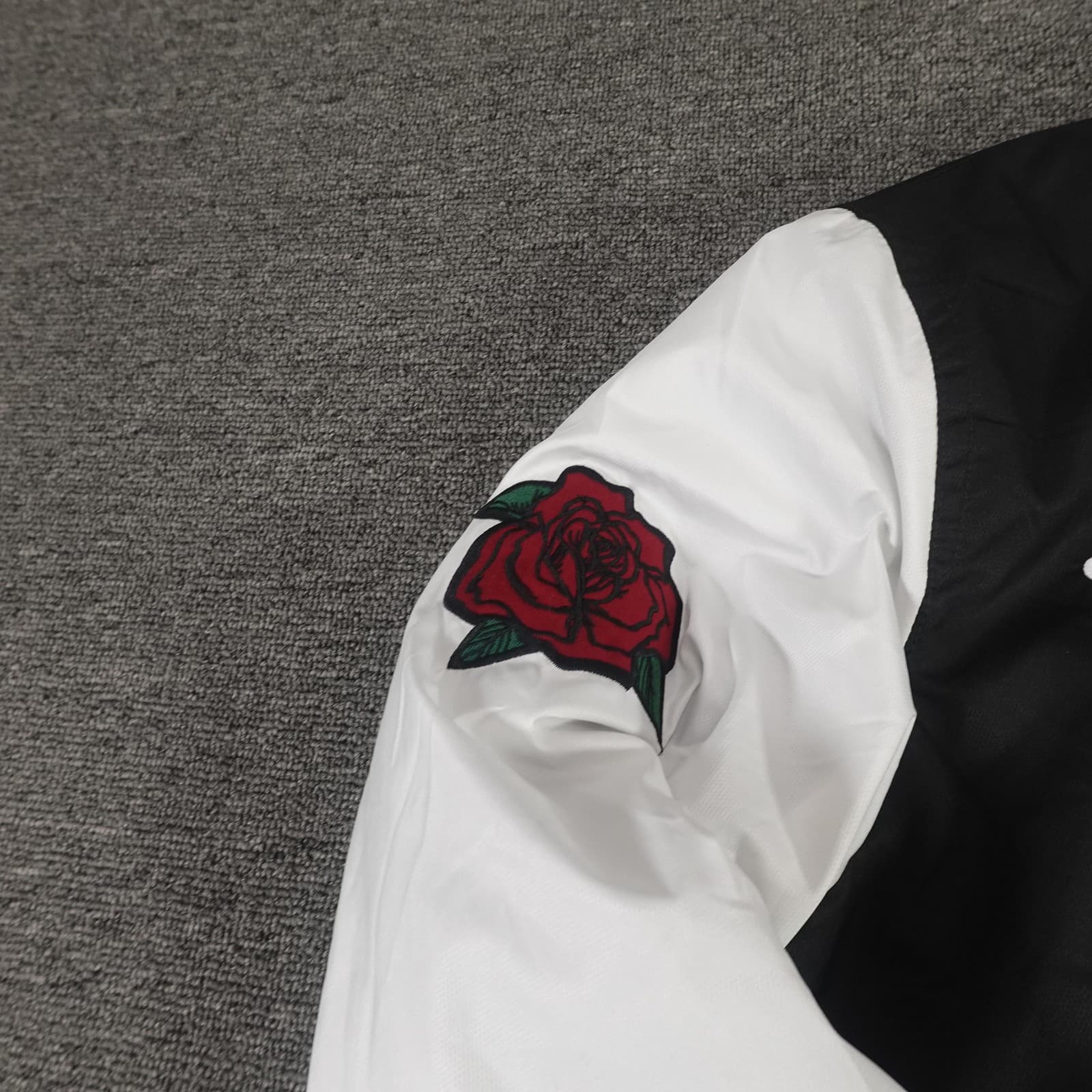 Hollister Varsity Jacket Small Black White Bomber LA Sherpa Lined Rose Patch - Thumbnail 3