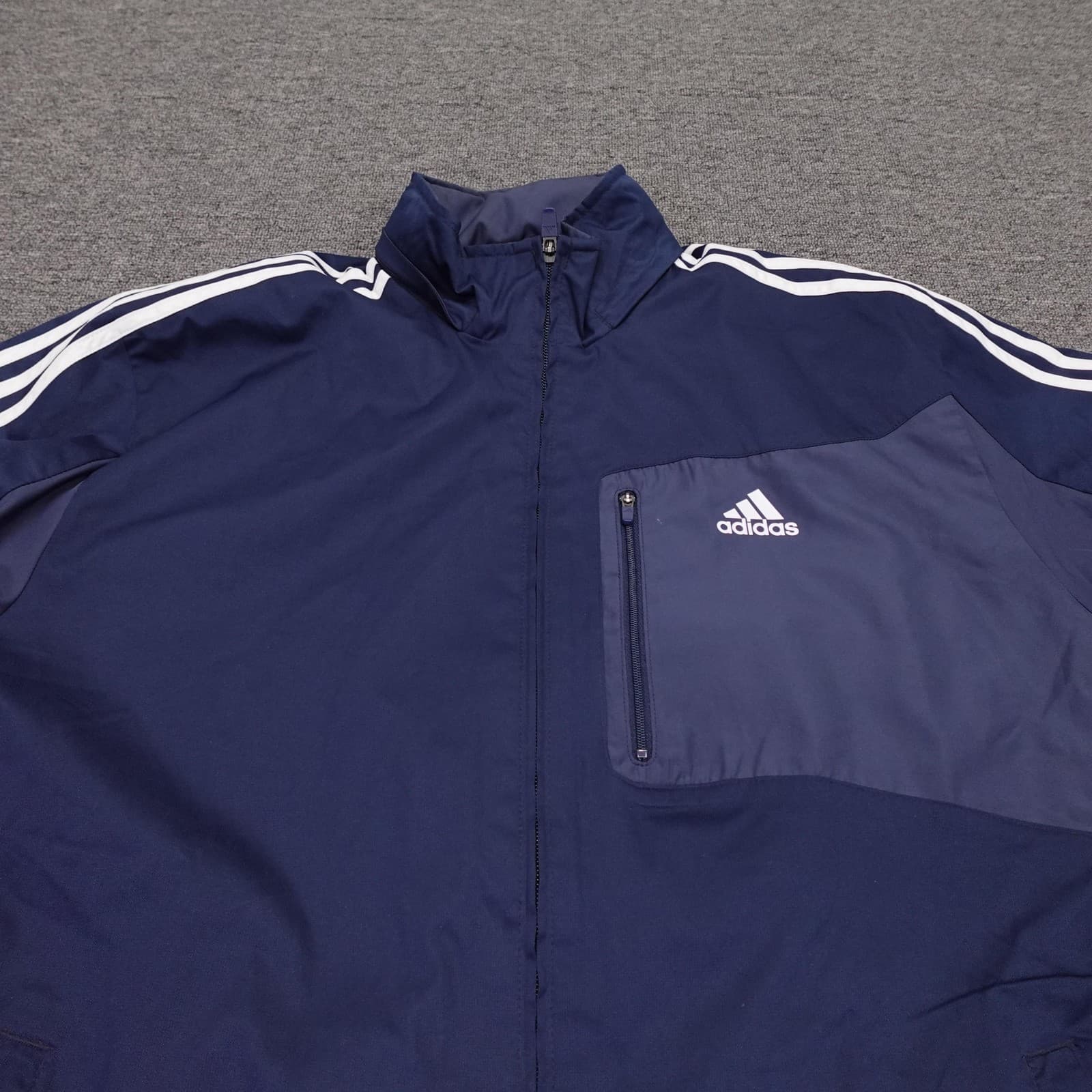 Adidas Jacket Mens Large Blue Hooded Full Zip Windbreaker 3 Stripe X29694 - Thumbnail 2