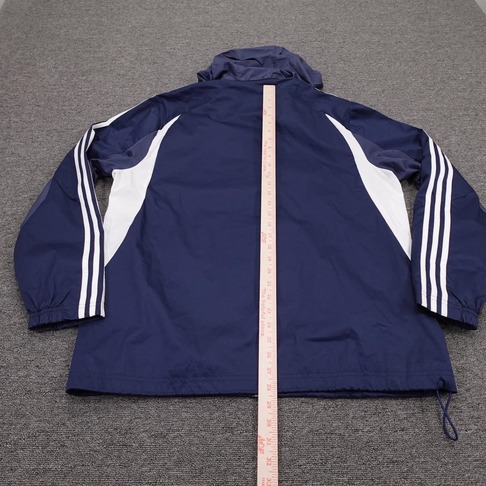 Adidas Jacket Mens Large Blue Hooded Full Zip Windbreaker 3 Stripe X29694 - Thumbnail 7