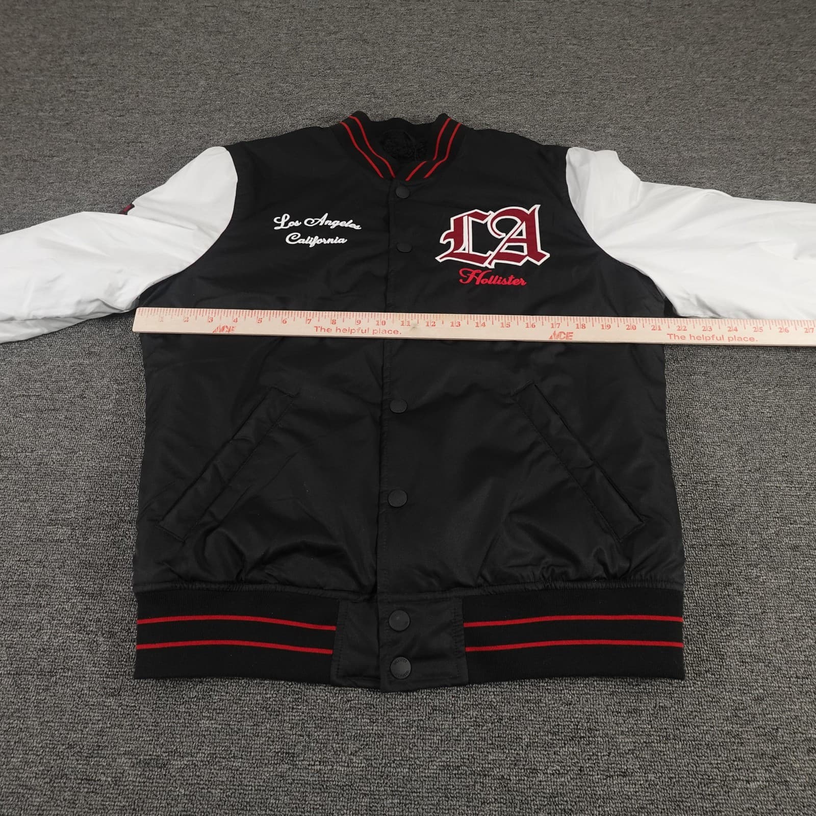 Hollister Varsity Jacket Small Black White Bomber LA Sherpa Lined Rose Patch - Thumbnail 5