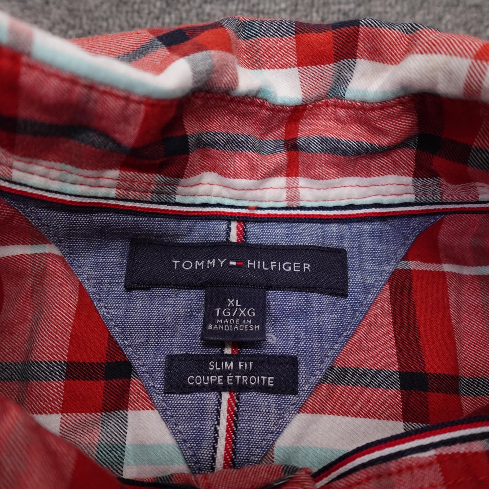 Tommy Hilfiger Shirt Mens XL Red Plaid Long Sleeve Button Up Slim Fit Cotton - Thumbnail 3
