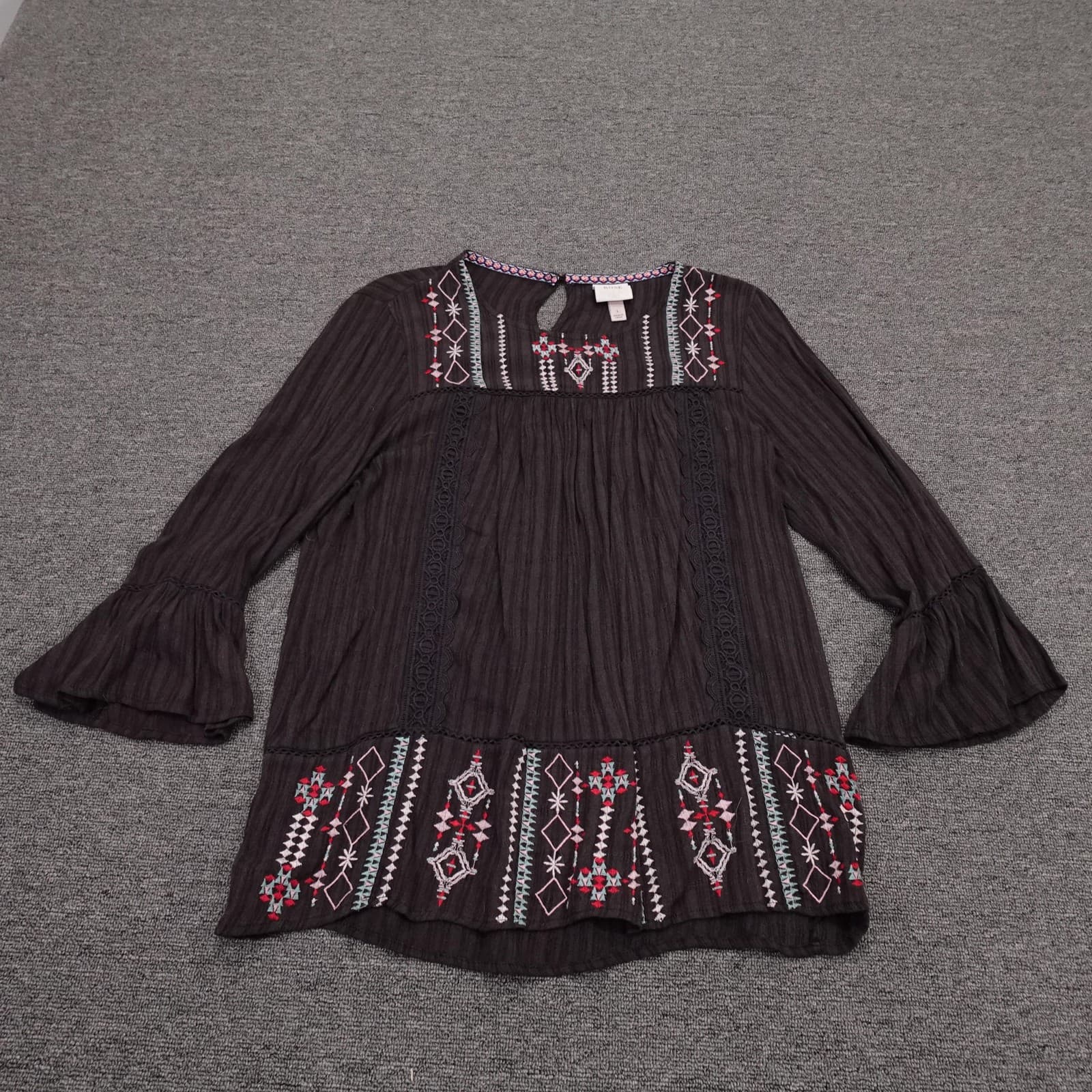 Knox Rose Blouse Womens Large Brown Embroidered Boho Tunic 3/4 Bell Sleeve
