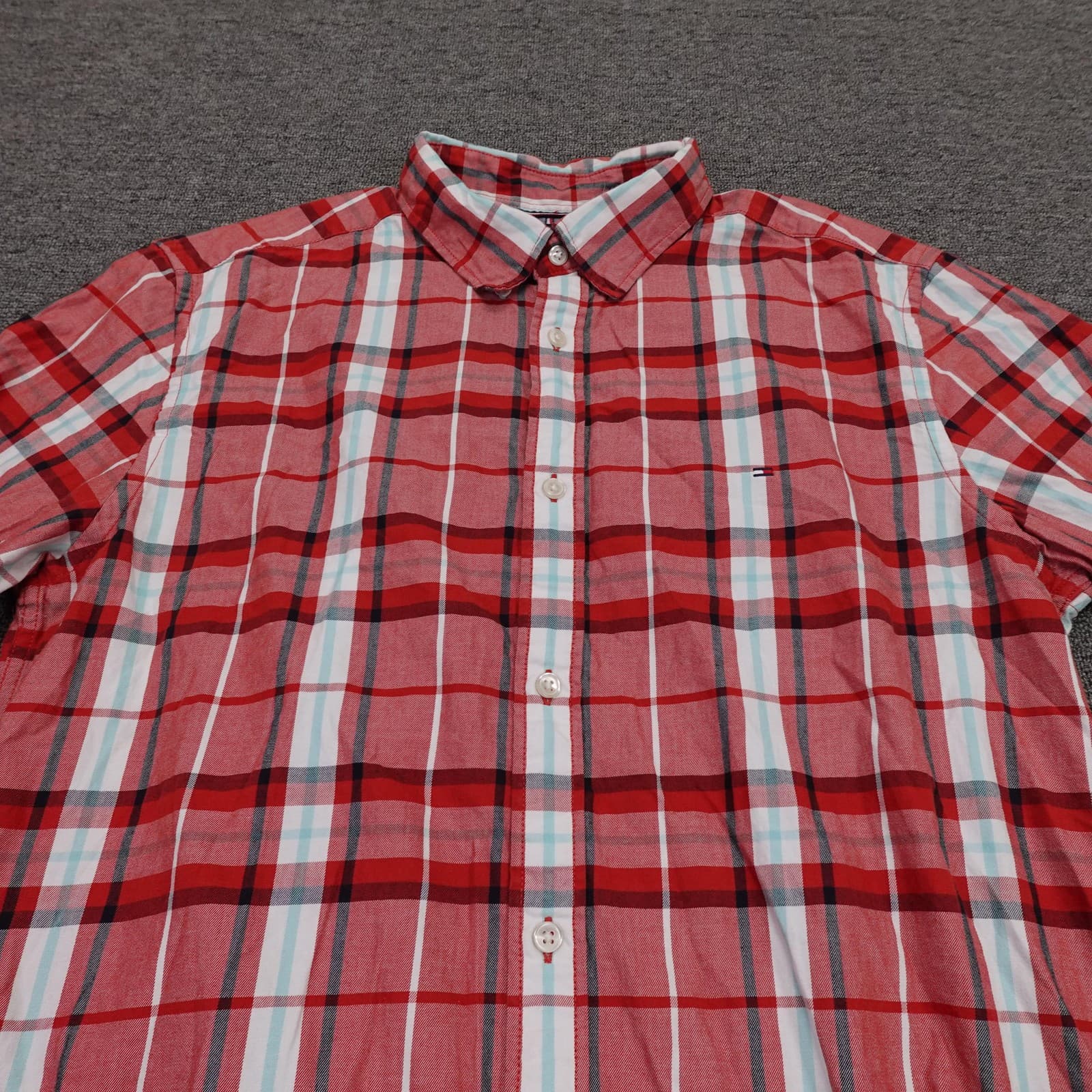 Tommy Hilfiger Shirt Mens XL Red Plaid Long Sleeve Button Up Slim Fit Cotton - Thumbnail 2