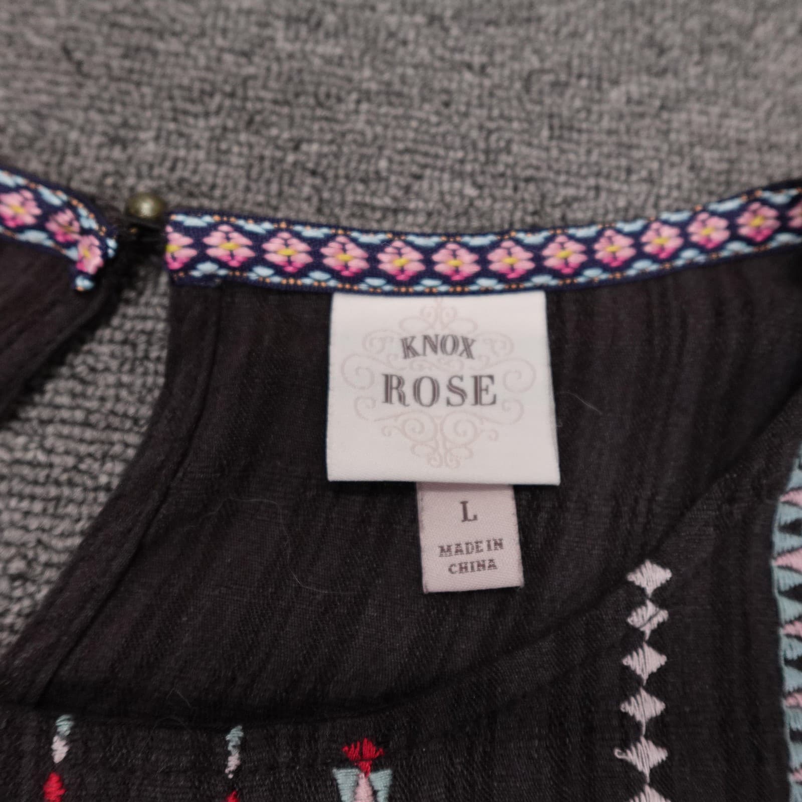 Knox Rose Blouse Womens Large Brown Embroidered Boho Tunic 3/4 Bell Sleeve - Thumbnail 3