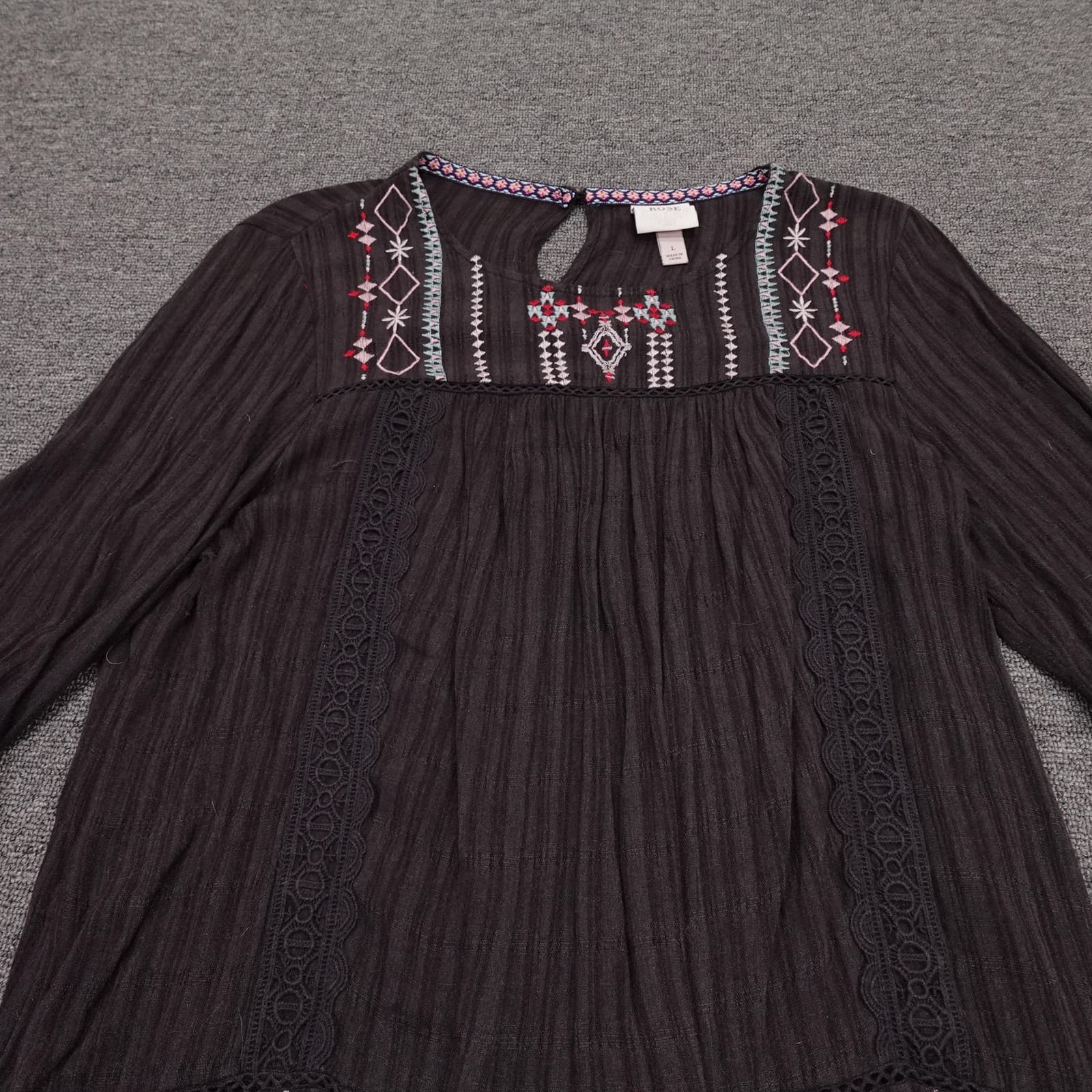 Knox Rose Blouse Womens Large Brown Embroidered Boho Tunic 3/4 Bell Sleeve - Thumbnail 2