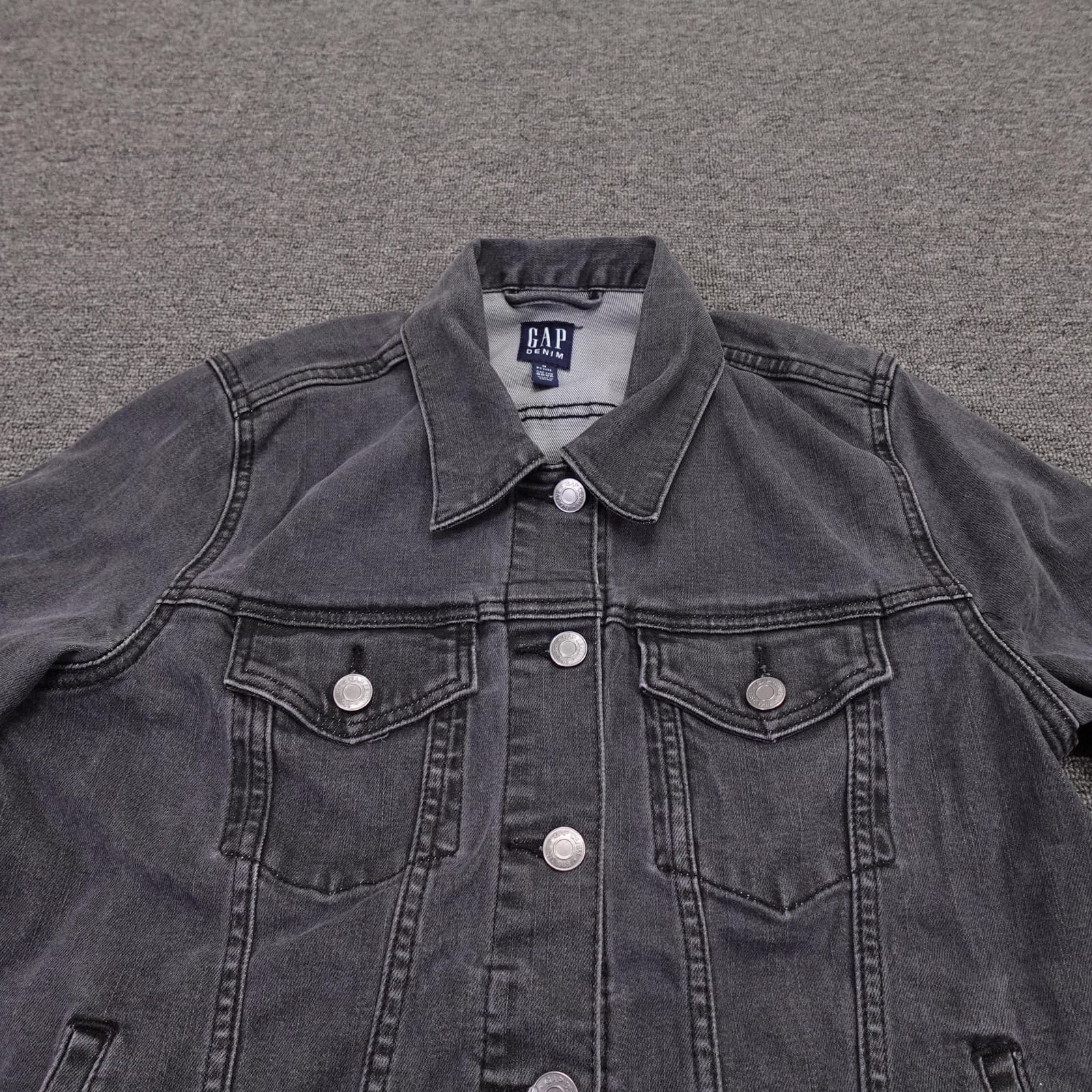 Gap Jacket Womens Petite Medium Black Denim Button Front Stretch Casual - Thumbnail 2