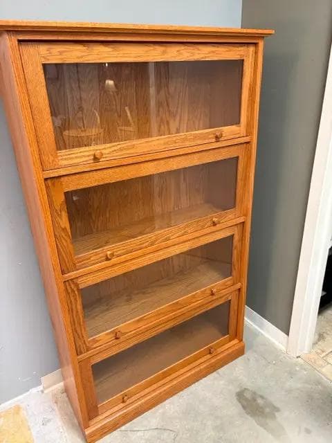 Oak Bookcase With 4 Sliding Glass Doors