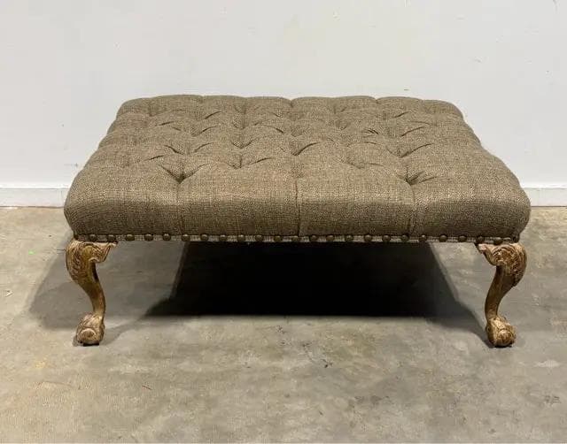 Large Brown Burlap Top Ottoman With Wood Claw Legs