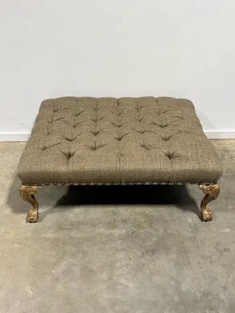 Large Brown Burlap Top Ottoman With Wood Claw Legs - Thumbnail 2