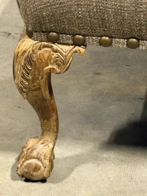 Large Brown Burlap Top Ottoman With Wood Claw Legs - Thumbnail 3