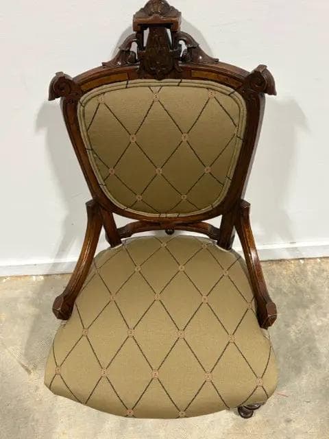 Antique Victorian Armchair With Beige Upholstery - Thumbnail 2