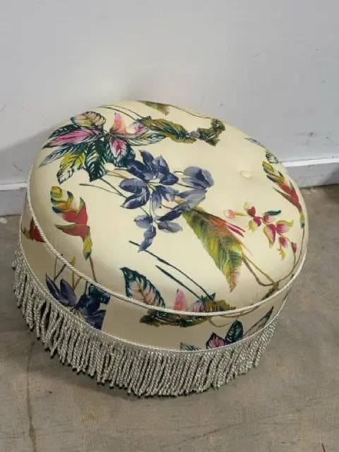 Round Floral Ottoman With Fringe - Thumbnail 2