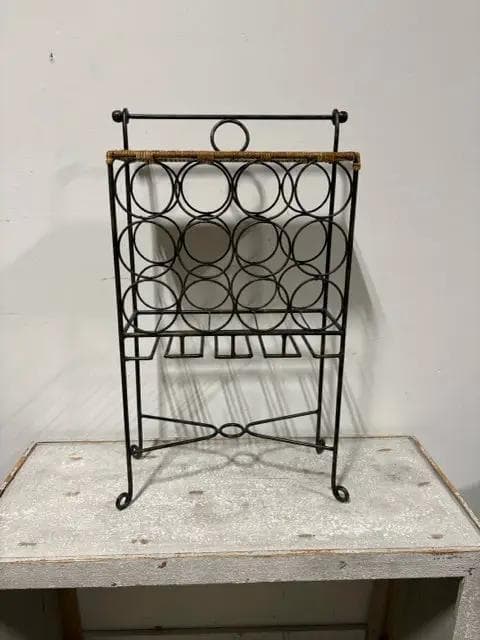 Metal Wine Stand With Rattan Top Shelf