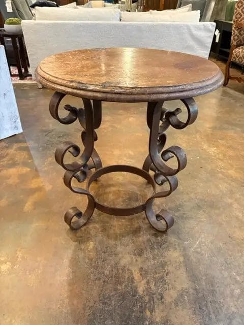 Stone Top Wrought Iron Scroll Base Entry Table