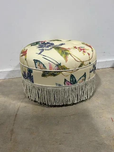 Round Floral Ottoman With Fringe