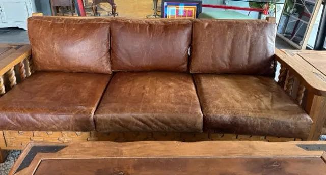 Southwestern Style Wood And Brown Leather Sofa