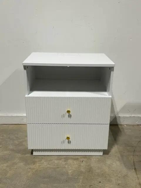 Modern 2 Drawer White Night Stand With Shelf Plug Ins
