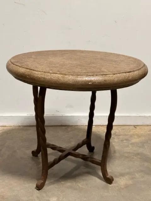 Twisted Wrought Iron Base End Table With Stone Top