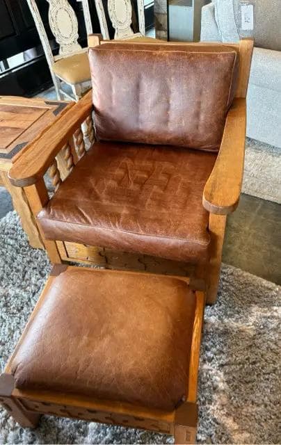 Southwestern Wooden And Leather Arm Chair With Ottoman