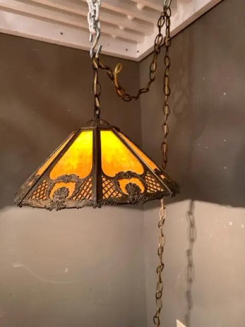 Bradley And Hubbard Slag Carmel Glass Panel Hanging Lamp