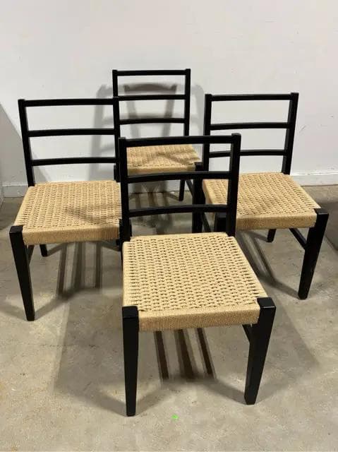Set of 4 Black Dining Room Chairs With Wicker Seats