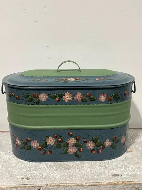 Vintage Handpainted Tin Bucket With Lid