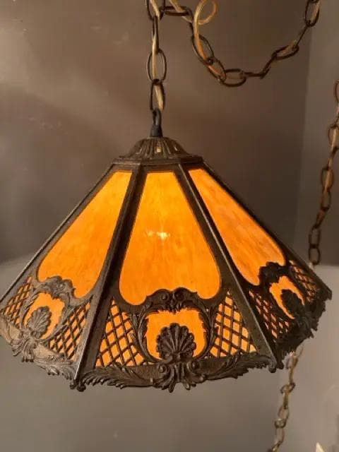 Bradley And Hubbard Slag Carmel Glass Panel Hanging Lamp - Thumbnail 2
