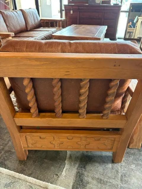 Southwestern Wooden And Leather Arm Chair With Ottoman - Thumbnail 2
