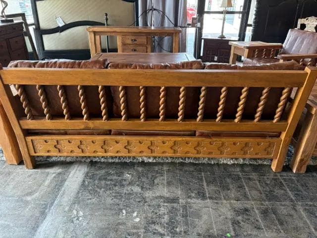 Southwestern Style Wood And Brown Leather Sofa - Thumbnail 3