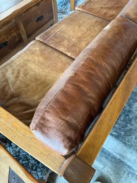 Southwestern Style Wood And Brown Leather Sofa - Thumbnail 2