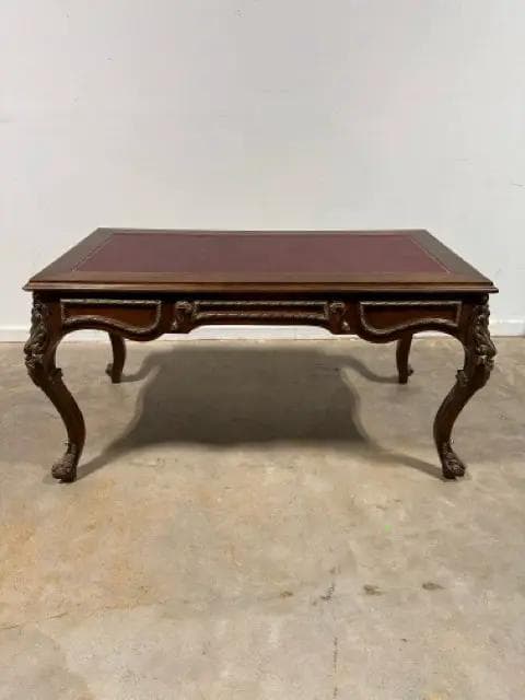 Leather Top 3 Drawer Ornate Carved Desk - Thumbnail 2