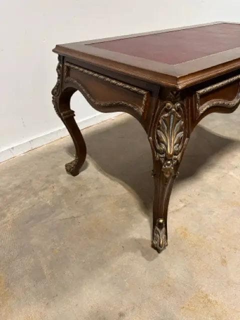 Leather Top 3 Drawer Ornate Carved Desk - Thumbnail 5