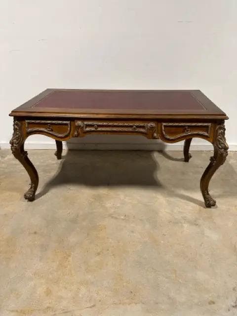 Leather Top 3 Drawer Ornate Carved Desk